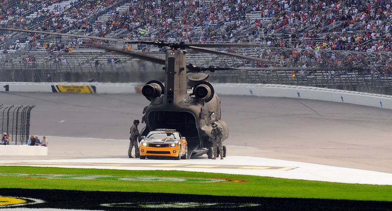 Illustration for article titled Astronaut Delivers Camaro Pace Car Via Chinook Helicopter